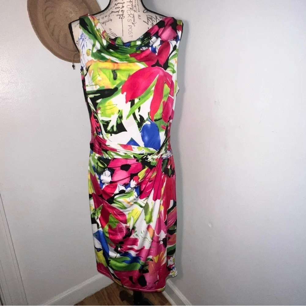 LRL,14, floral, sleeveless,‎ weighted ruched, front,twist cinch waist,lined midi